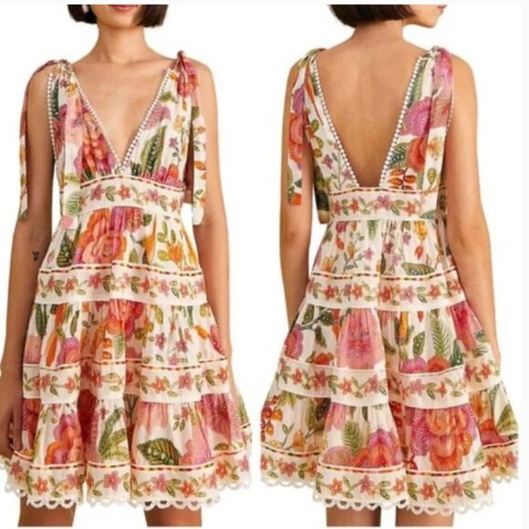 FARM Rio Macaw Bloom Tie Off White Floral Mini Dress size M - Picture 1 of 10